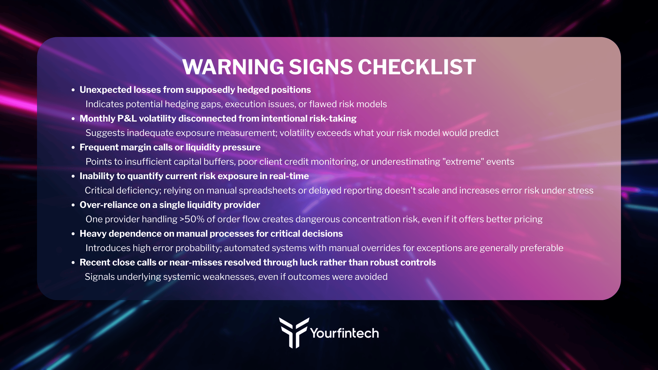 Warning signs requiring enhanced risk management for forex brokers and prop firms